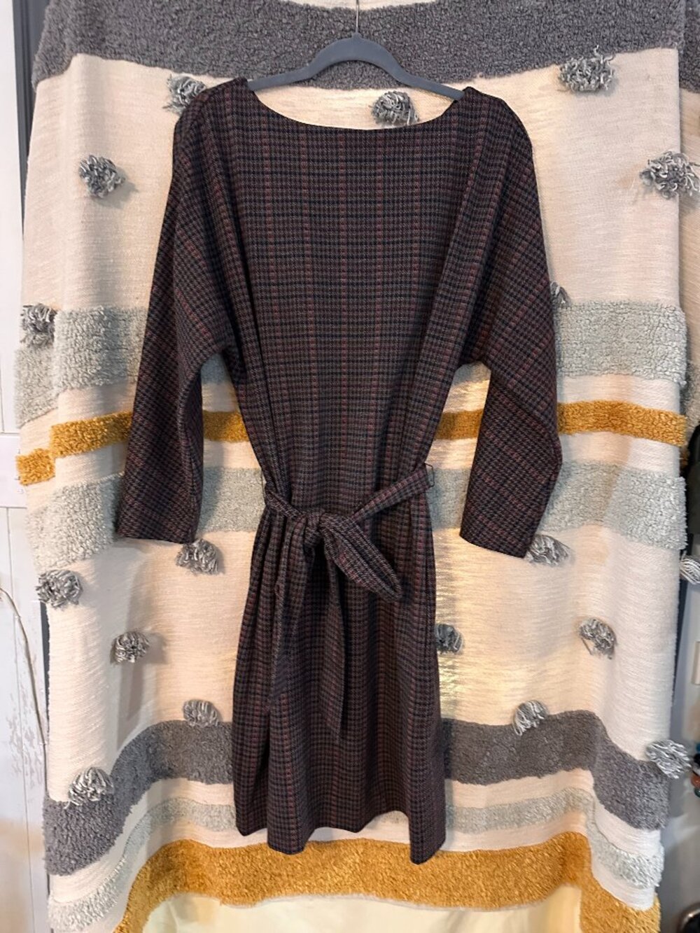 Brooks Brothers Houndstooth Plaid Boatneck Tie Waist Dress Brown Red - 12